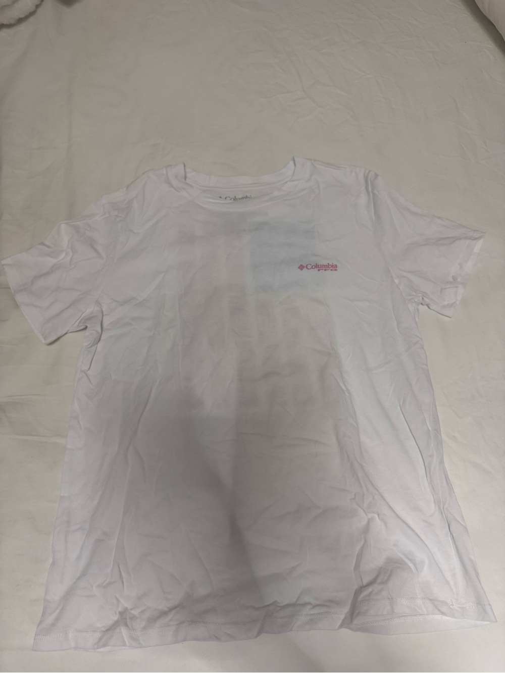 Columbia White Short Sleeve Tee with Pink Logo